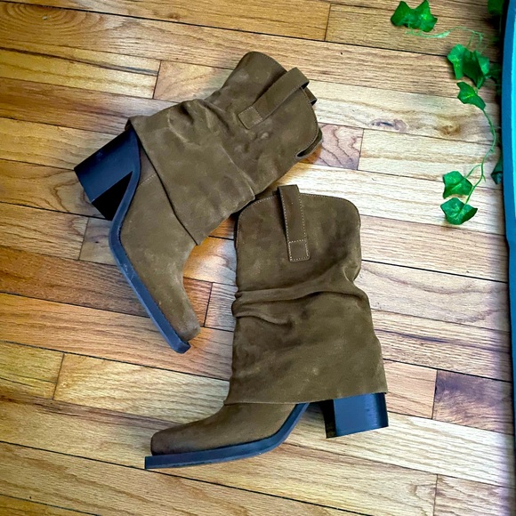 PIA CHESTNUT SUEDE Fold over chunky square block Western Pullover Riding Biker - Picture 3 of 10